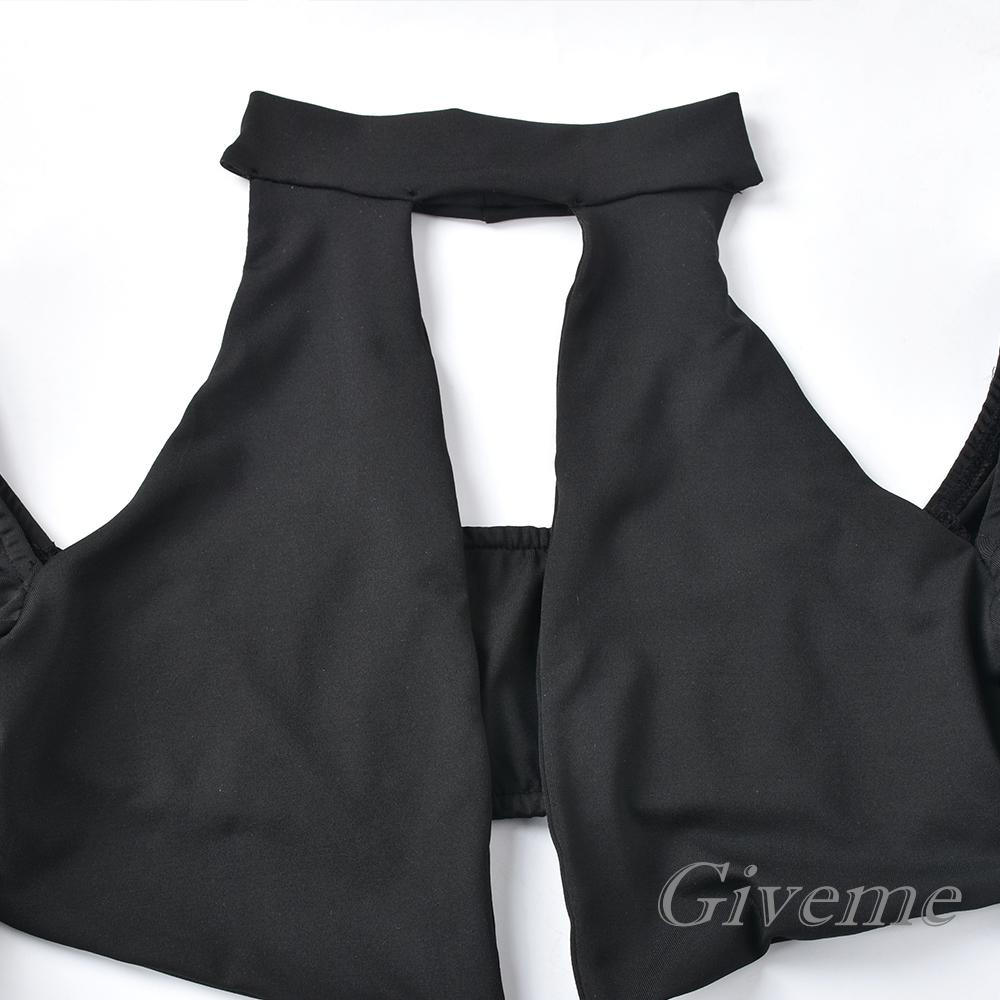 GIVEME-Women Long Sleeve Halter Neck Solid Color Hollow Pleated Slim Fit Black Cut Out Dress