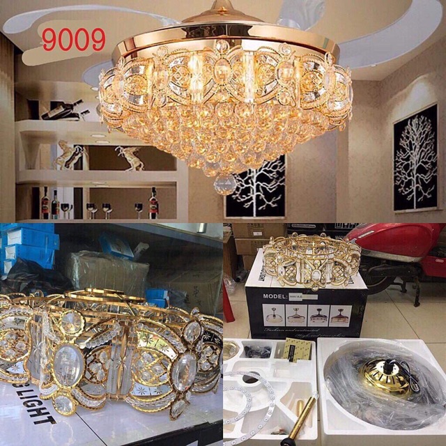 Quạt Trần Đèn  Chùm Pha Lê 900- Điều Khiển Từ Xa