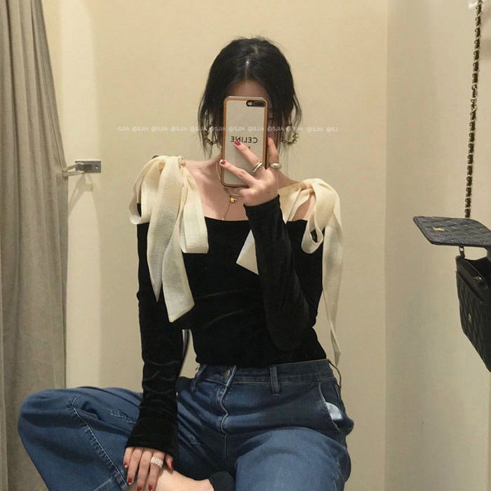 Áo nhung tay dài trễ vai thời trang quyến rũ cho nữ COZOK