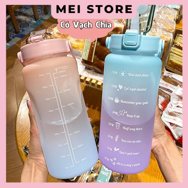 Bình Nước 2 Lít Dành Cho Người Lười Uống Nước Có Ống Hút, Vạch Chia Nhắc Giờ