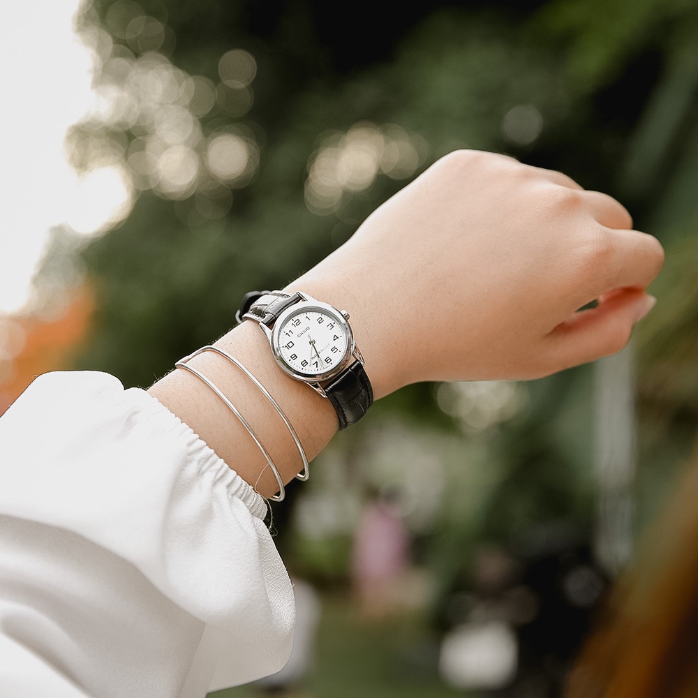 Đồng hồ Nữ Casio LTP-V001L-7B, đồng hồ chính hãng, dây da đen, mặt trắng số
