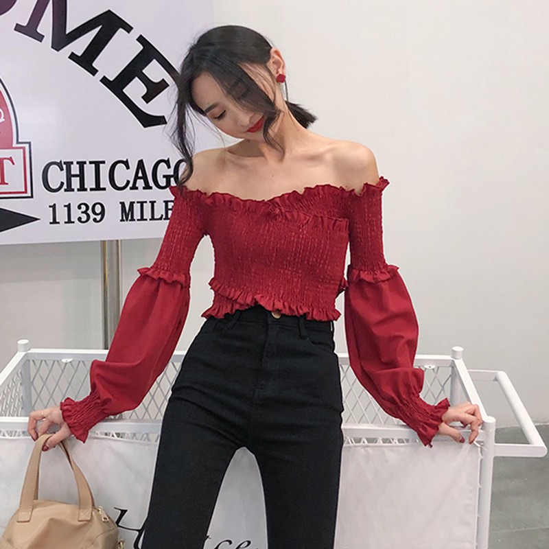 Áo Croptop Trễ Vai Tay Dài Phối Bèo Thiết Kế Quyến Rũ