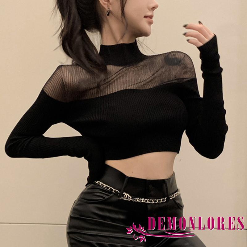 Áo Thun Tay Dài Cổ Tròn Hở Rốn Phối Lưới Thời Trang Phong Cách Hàn Quốc Cho Nữ