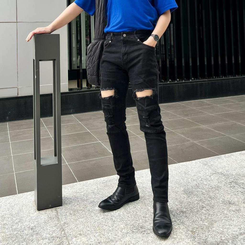 Quần jean nam rách gối xanh zipper