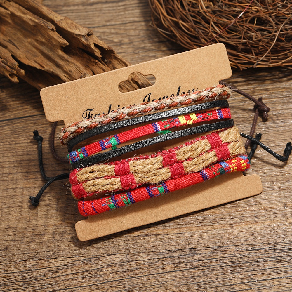 Bộ 4 Vòng Tay Da Bện Nhiều Lớp Đính Hạt Gỗ Thời Trang Cho Nam Nữ