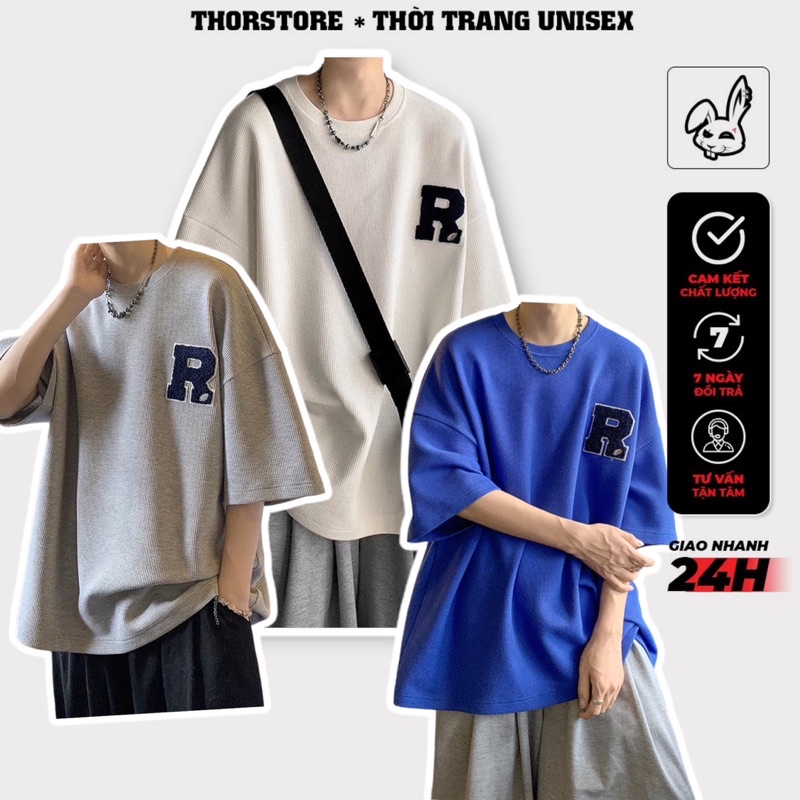 Áo thun unisex,thiết kế tay lỡ dáng rộng thêu xù chữ R 3 màu