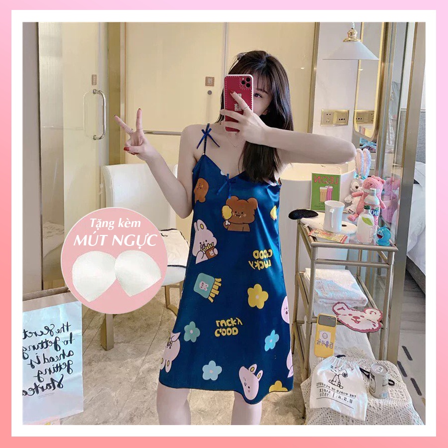 Váy ngủ hai dây đầm ngủ nữ sexy dễ thương bigsize chất lụa mềm mịn có đệm ngực đuôi xếp li kèm bịt mắt VN06