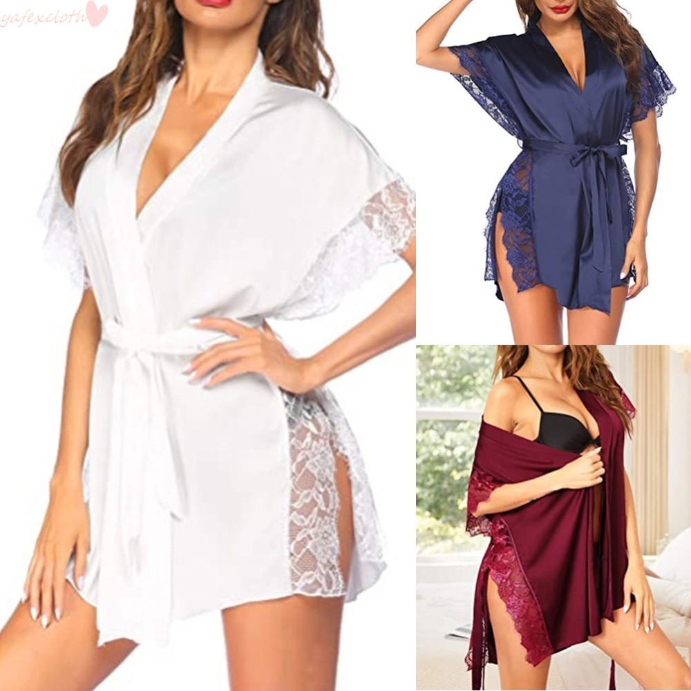 Áo choàng ngủ vải lụa satin phối ren quyến rũ cho nữ
