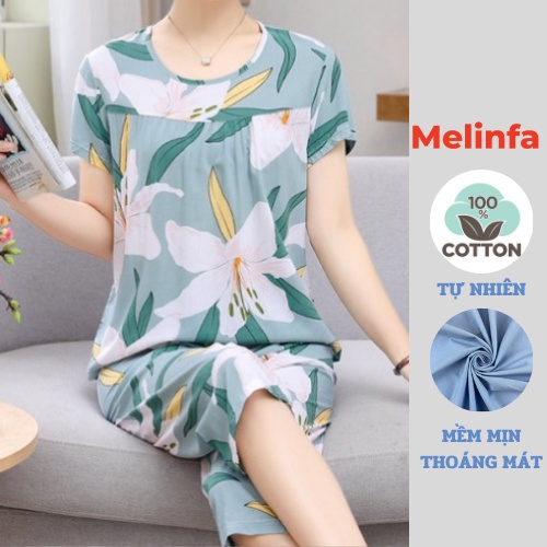 Bộ đồ ngủ nữ vải Cotton lụa tự nhiên mềm mại thoáng mát mặc nhà mùa hè kiểu quần lửng mã VABD0113