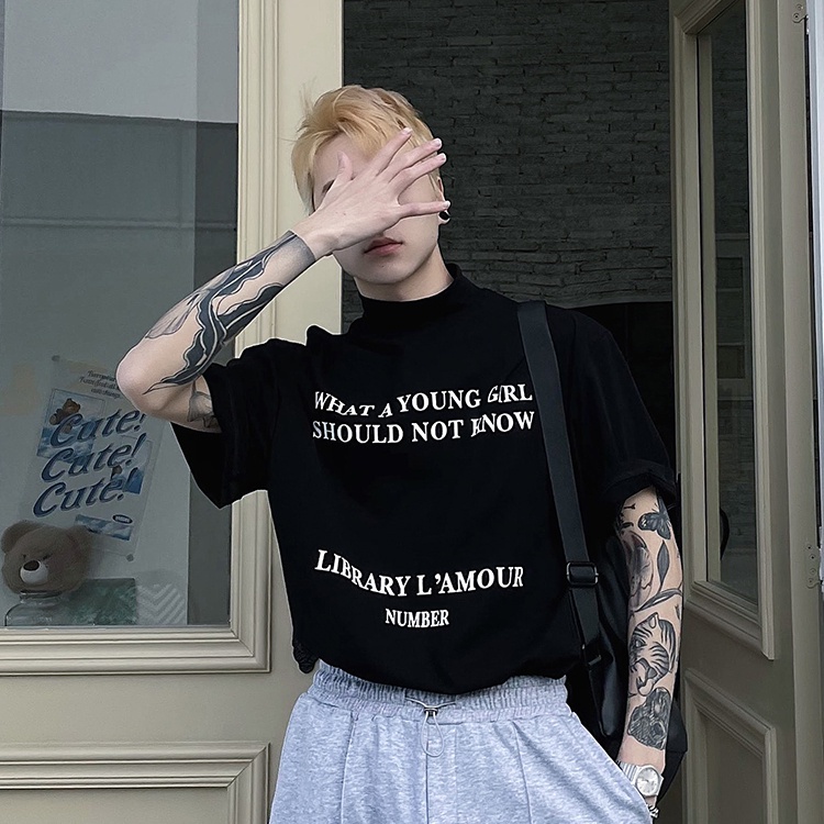 Áo thun tay ngắn cổ lọ in chữ phong cách Âu Mỹ thời trang mùa hè cho nam size S-3XL