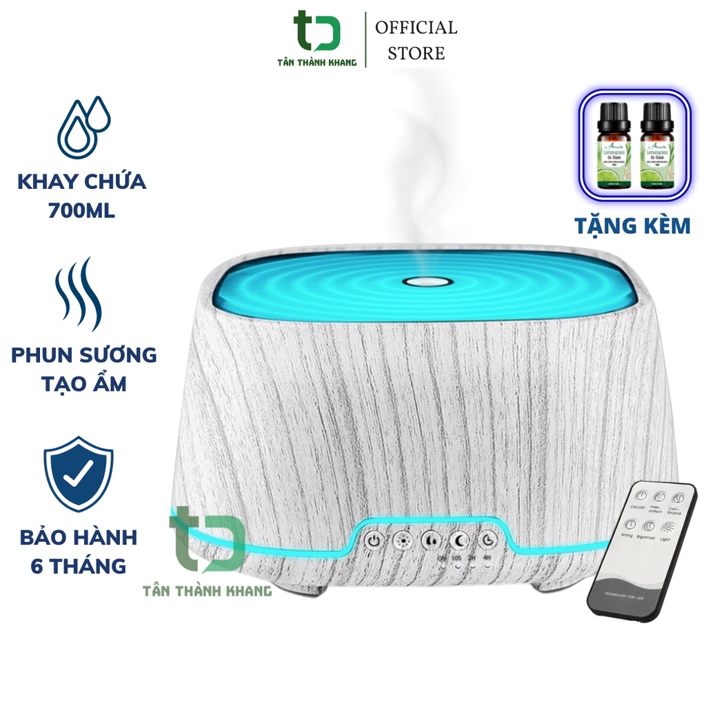 Máy Xông Tinh Dầu Trụ Gỗ Vuông 700ml, Tặng Kèm Remote Điều Khiển Từ Xa, Đèn Led 7 Màu, Tự Ngắt Khi Hết Nước - Bh 6 Tháng