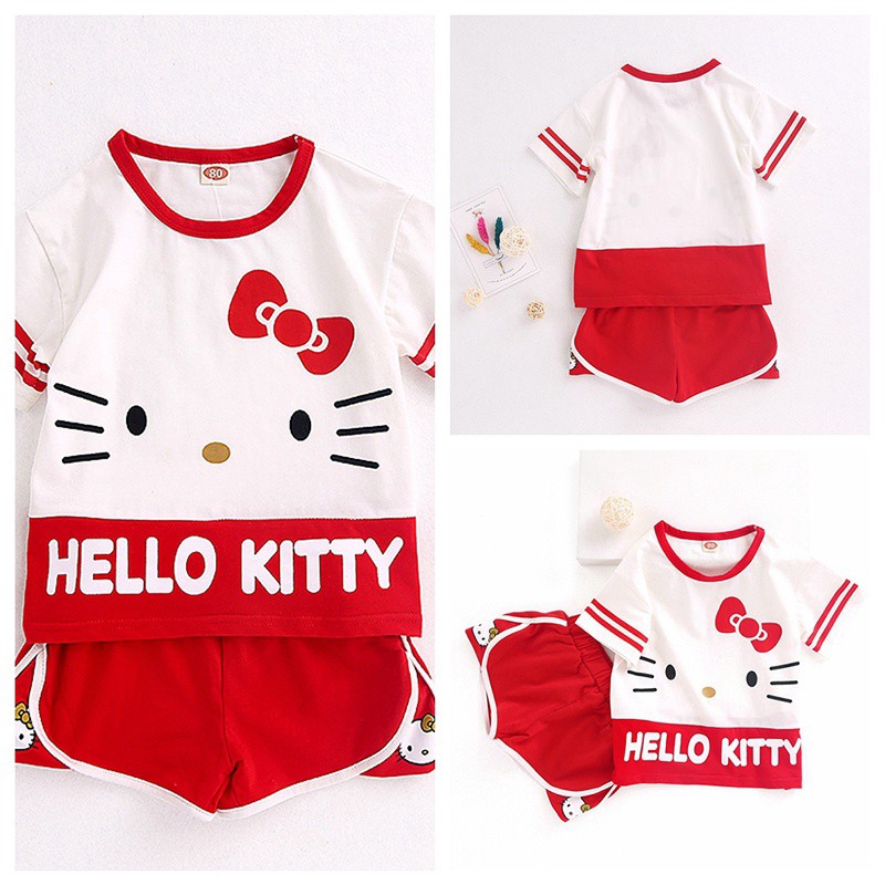 Set Áo Thun Ngắn Tay In Hình Mèo+Quần Short Cho Bé Gái