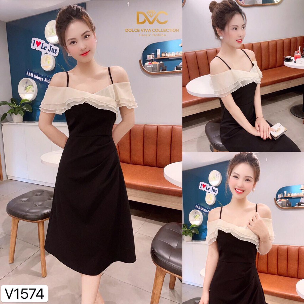 Váy đen trễ vai hai dây che bắp tay dấu bụng DVC - Maidieuhuyen V1574 MH
