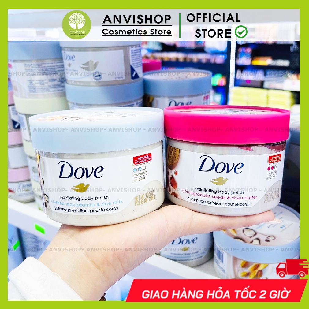 Tẩy da chết body Dove - Tẩy tế bào Chết Toàn Thân DOVE Mỹ (Đức) đủ mùi Lựu, Macca, yến mạch, Oải Hương