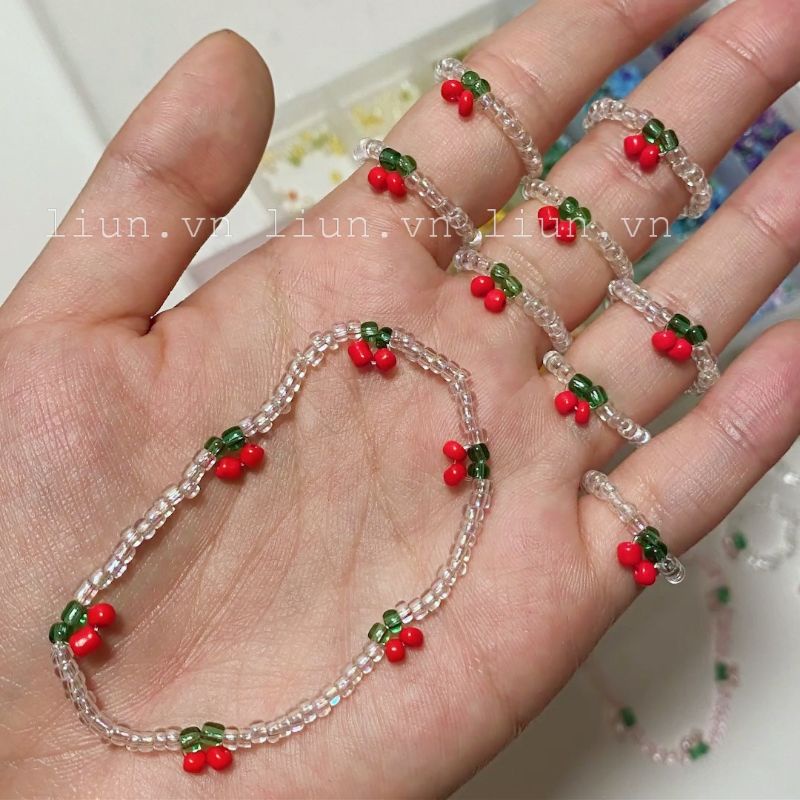 Vòng tay, nhẫn cherry cherry hạt cườm handmade
