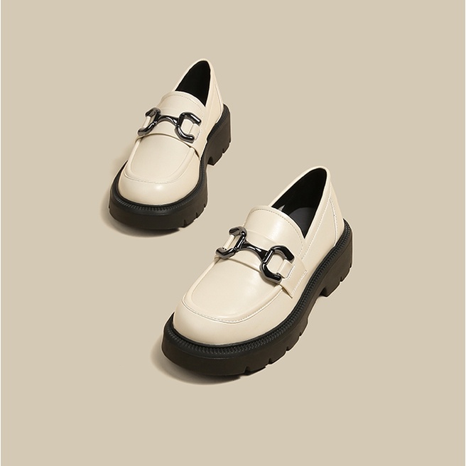 Giày lười da đế dày phối khóa hình móng ngựa thời trang 2022 cho nữ