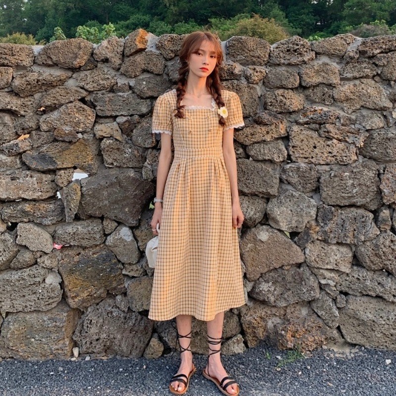 Đầm Caro Tay Ngắn Thời Trang Dành Cho Nữ