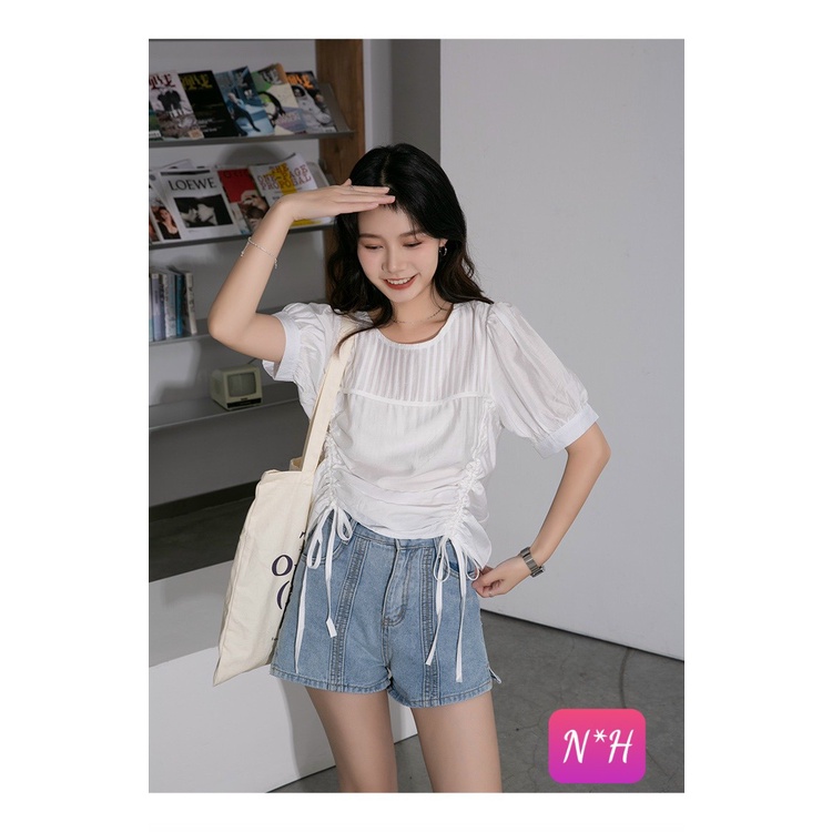 áo sơ mi kiểu rút eo cổ tròn tay ngắn | BigBuy360 - bigbuy360.vn