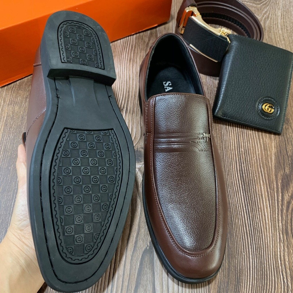 Giày nam trung niên da bò chuẩn nguyên tấm 100% màu nâu đế cao su có khâu phom chuẩn