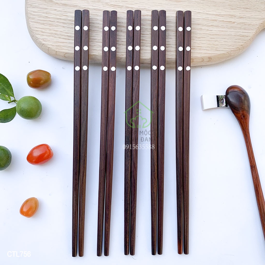 Đũa Gỗ Trắc Khảm Xà Cừ 3 Chấm HAHANCO  Bộ 10 Đôi - Đơn Giản & Ấn Tượng