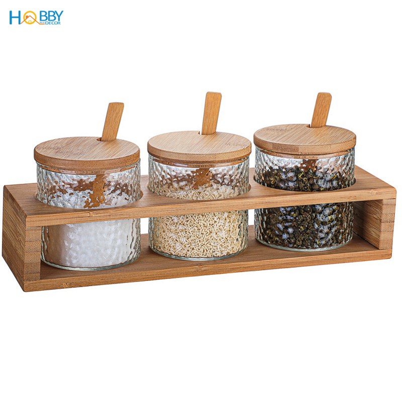 Combo hủ đựng gia vị thủy tinh HOBBY Home Decor 3TT chống trượt tay - có khay gỗ tre - hủ 180ml mỗi lọ