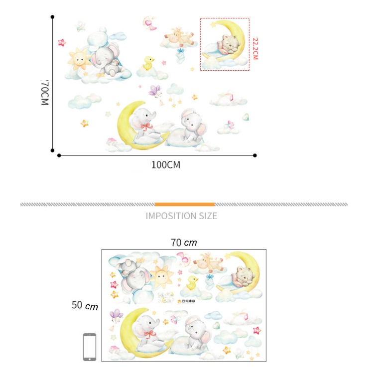 Decal dán tường trang trí - GẤU VÀ VOI CON TRÊN MÂY ĐÁNG YÊU CHO BÉ YÊU