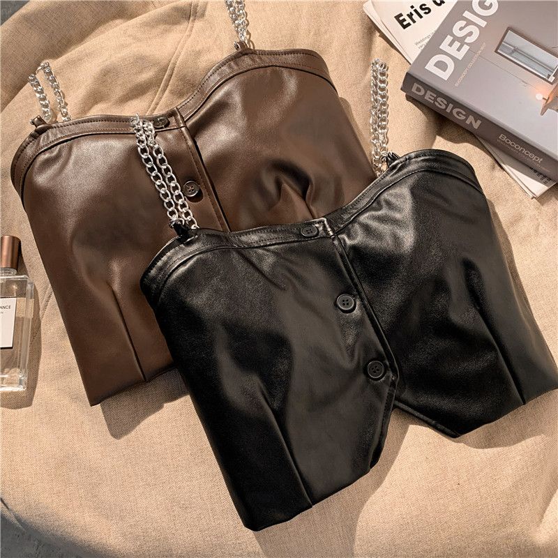 Hàng Có Sẵn Áo Khoác Da Không Tay Ngắn Màu Cà Phê Phối Dây Xích Quyến Rũ Mặc Ngoài Trời Mùa Xuân Thu H