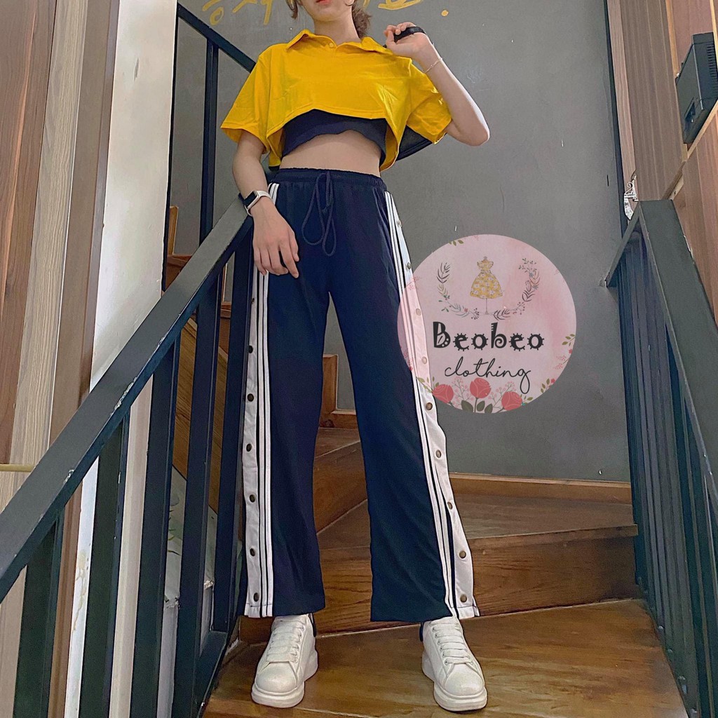 Quần culottes thun đen viền trắng phối nút bấm xẻ ulzzang