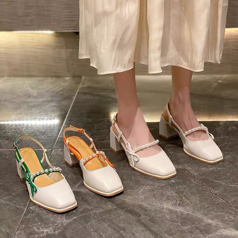 (ORDER) Sandal cao gót 8cm da mềm đính cườm quai nơ nhí BIG SIZE 35-42