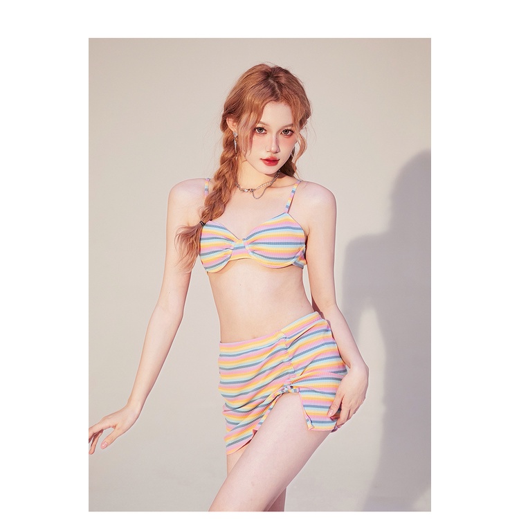 Bộ Đồ Bơi Ba Mảnh Họa Tiết Kẻ Sọc Màu Sắc Phong Cách Nhật Bản Thời Trang Quyến Rũ Cho Nữ