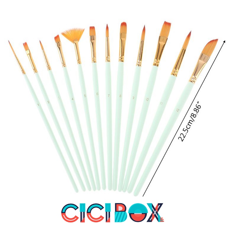 Bộ cọ 12 chiếc vẽ màu nước sơn dầu tranh tường số hoá, Cọ vẽ màu nước chuyên nghiệp tiện dụng CICIBOX