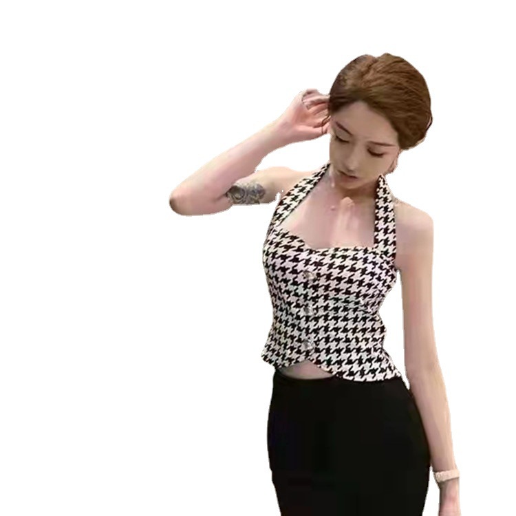 Áo croptop không tay dây choàng cổ dáng ôm hở lưng thời trang quyến rũ vintage thanh lịch cho nữ