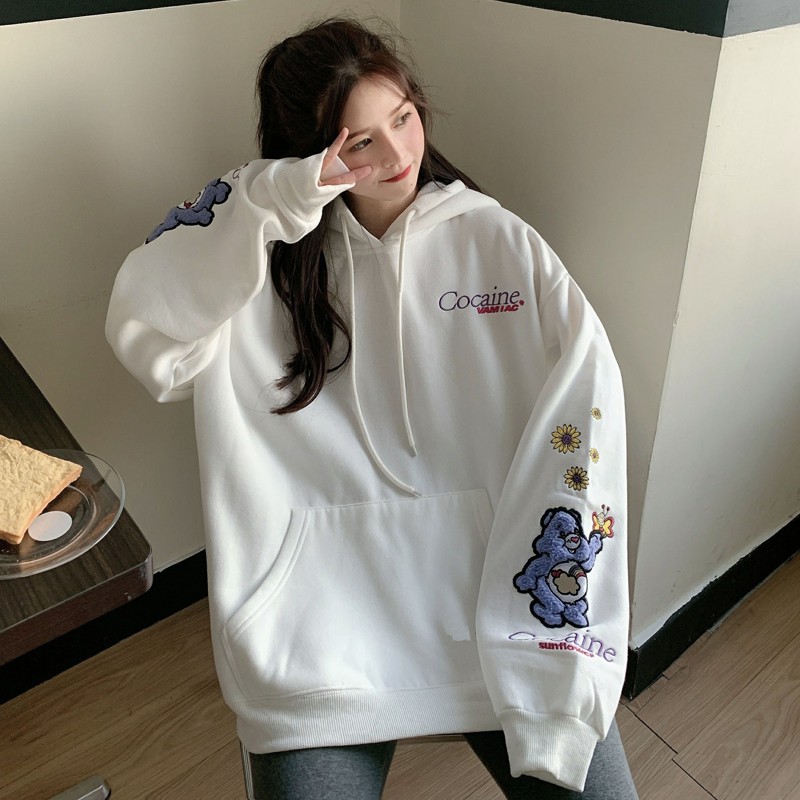 Áo hoodie nữ form rộng dài COCAINE đen, trắng vải nỉ in hình đẹp order quảng châu BST áo thu đông unisex Ulzzang 2020