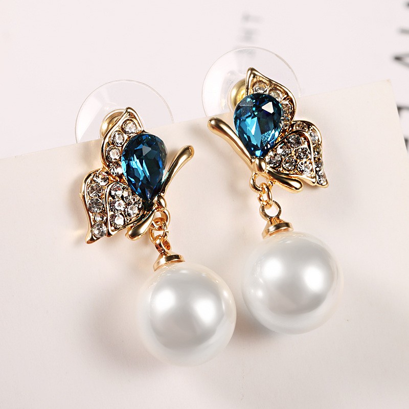 Bông tai hợp kim xi mạ chốt bạc 925 butterfly đính đá có ba màu xanh dương, xanh lá, đỏ