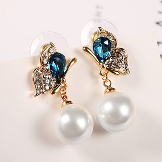 Bông tai hợp kim xi mạ chốt bạc 925 butterfly đính đá có ba màu xanh dương, xanh lá, đỏ