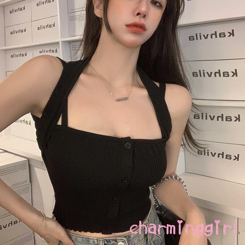Áo Croptop Hai Dây Dệt Kim Màu Trơn Ôm Dáng Phối Hàng Nút Thời Trang Cho Nữ