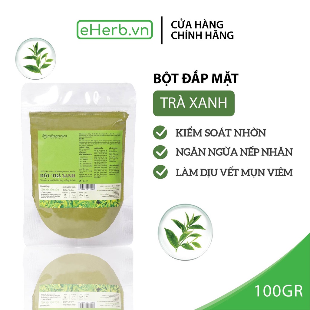 Bột trà xanh đắp mặt nạ nguyên chất ngừa mụn, dưỡng da trắng mịn, ngăn ngừa nếp nhăn MILAGANICS 100gr (túi zip)