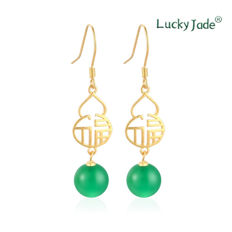 Bông Tai Mạ Vàng 18K Đính Đá Ngọc Bích Phong Cách Trung Hoa Thời Trang