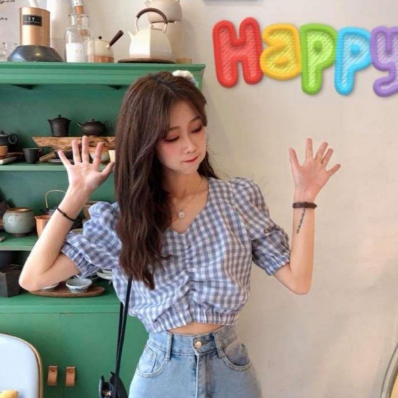 Áo croptop ngắn tay cổ chữ V họa tiết ca rô phong cách Hàn Quốc dành cho nữ