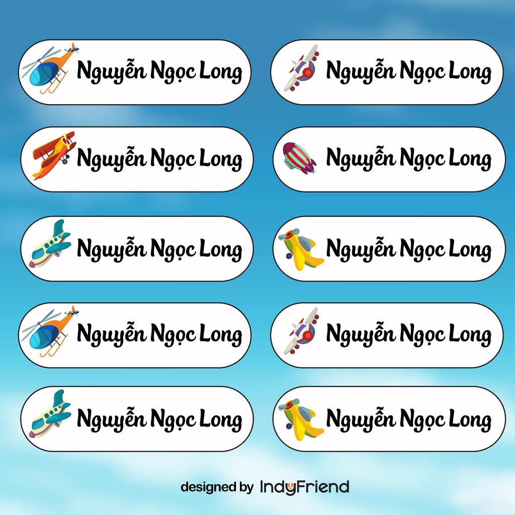 Sticker dán đồ dùng học tập in tên bé hình máy bay- set 119 stickers theo yêu cầu