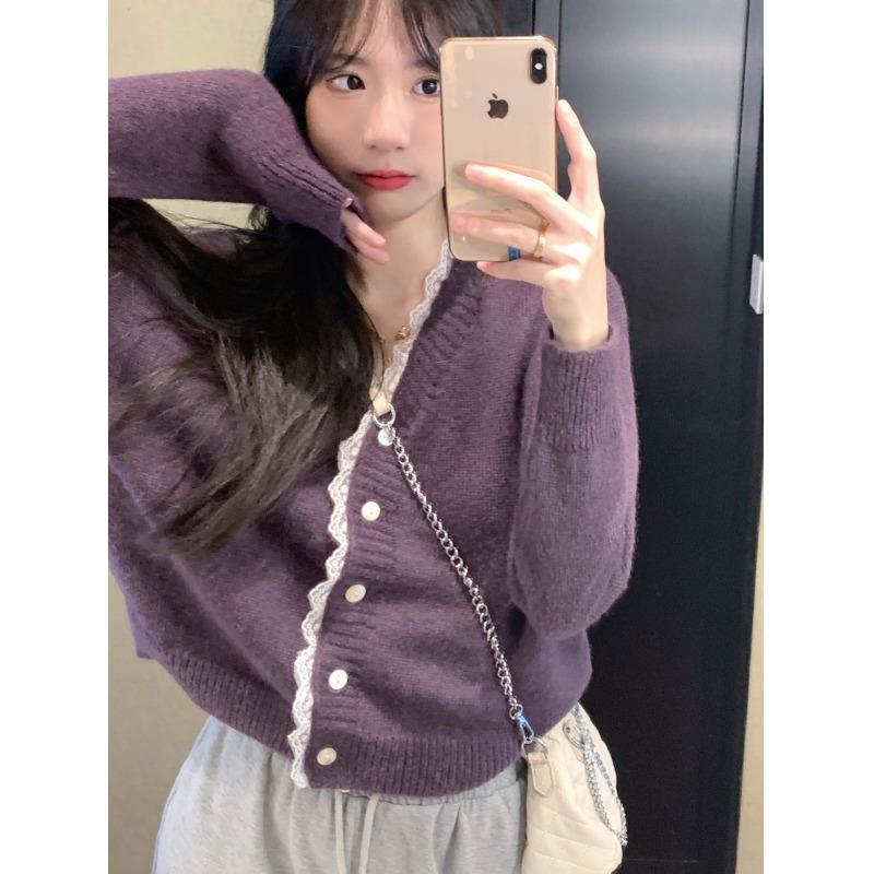 Áo Khoác Cardigan Dệt Kim Dáng Ngắn Form Rộng Phối Ren Thời Trang Cho Nữ