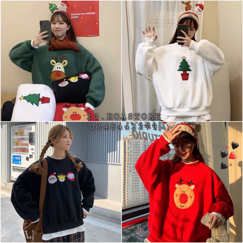 Áo Nỉ Nữ Dài Tay Họa Tiết Giáng Sinh Bông Tuyết, Tuần Lộc, Cây Thông - Áo Sweater Noel Xanh Đỏ Đen Trắng Mặc Đơn Đôi Nhó