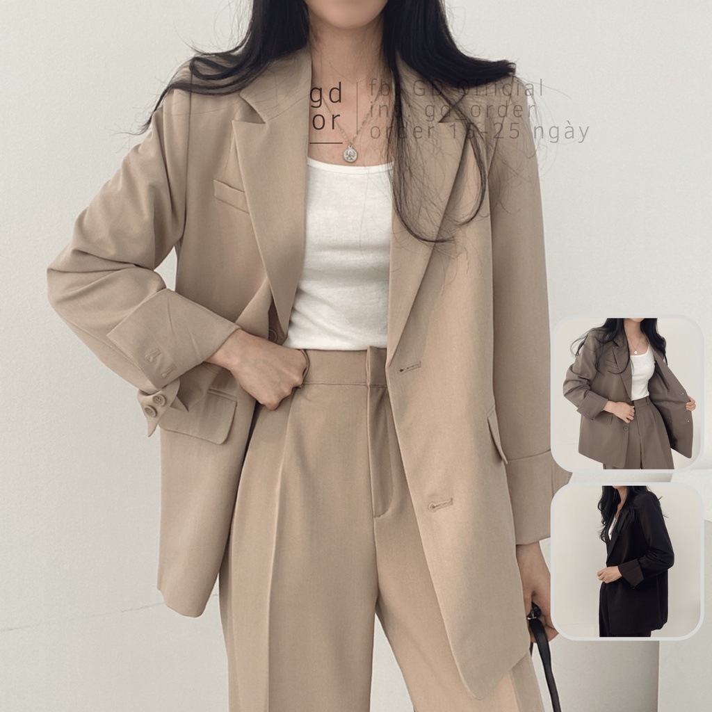 B67|Bộ vest nữ gồm áo blazer dài tay basic kèm quần tây lưng cao màu đen, be, nâu GD Official