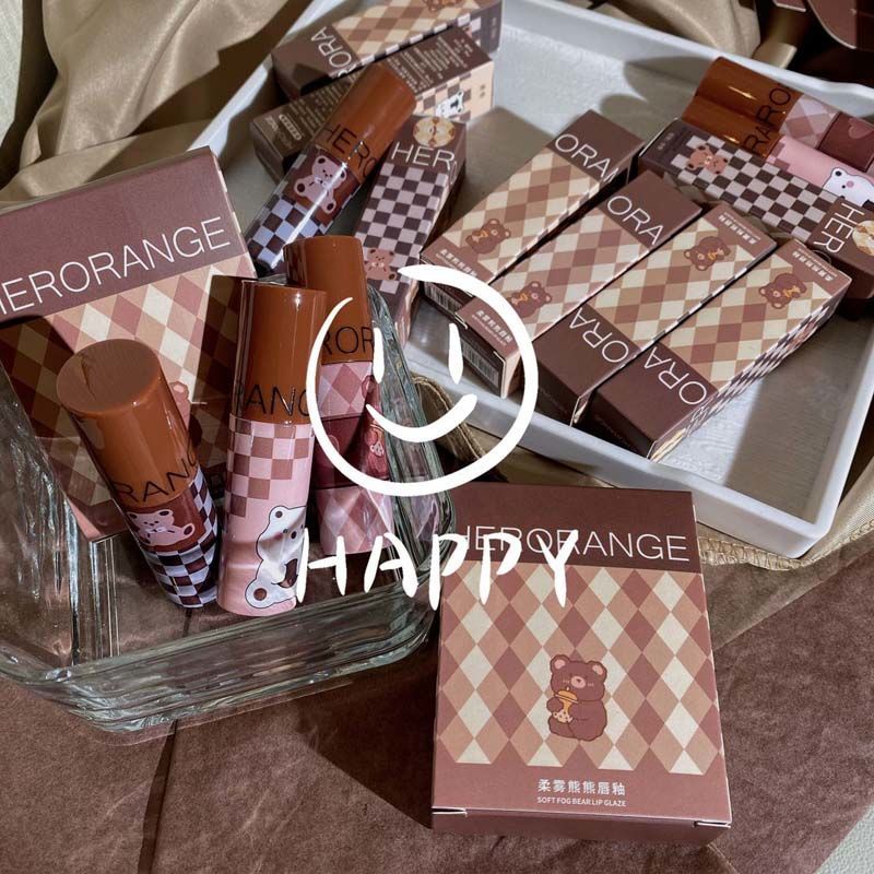 Set 3 Son Kem Hiệu Ứng Gương Thiết Kế Hình Gấu Dễ Thương Thương Hiệu Herrange