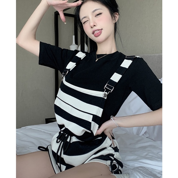 Jumpsuit Dây Rút Kẻ Sọc Dáng Rộng Tay Ngắn Thời Trang Mùa Hè Cho Nữ