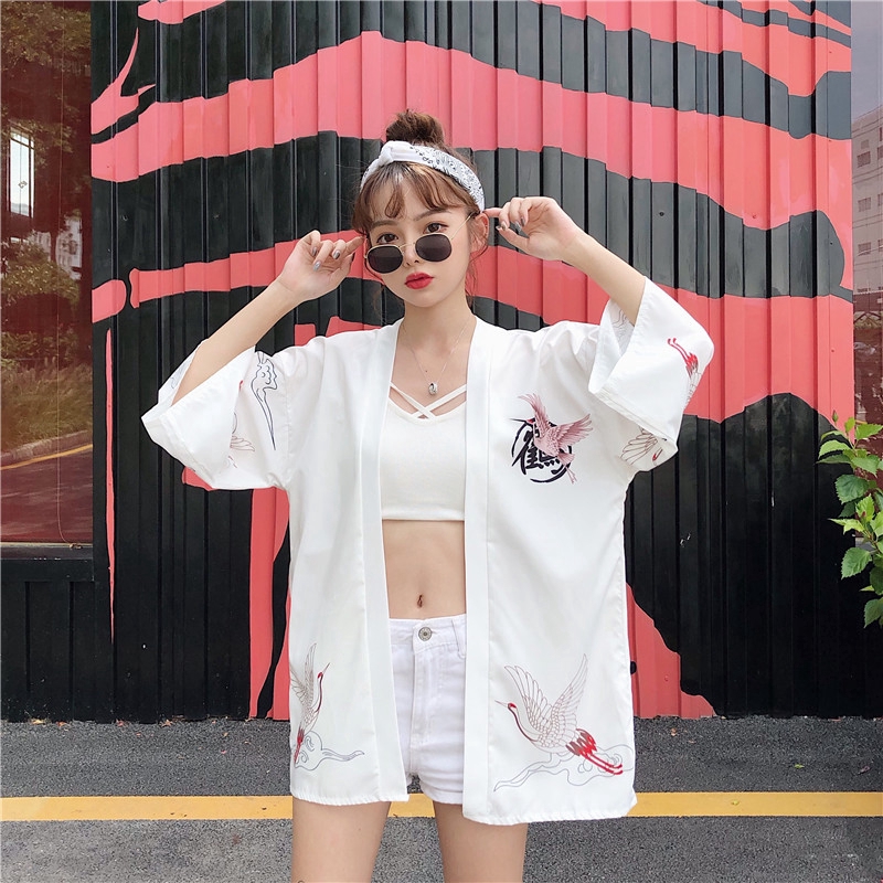 Áo Khoác Kimono Trắng Đen Họa Tiết Hạc Phong Cách Nhật Bản Cho Nữ | BigBuy360 - bigbuy360.vn