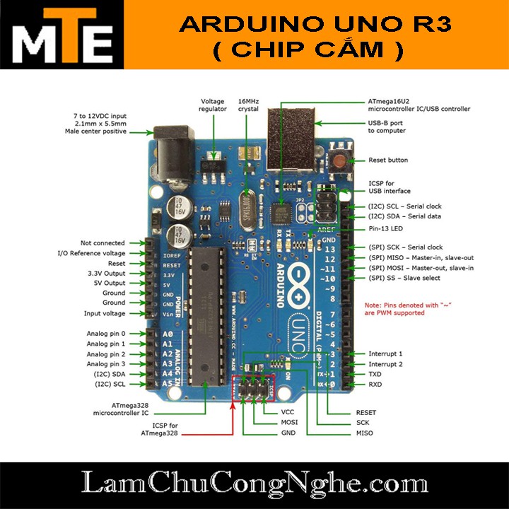 Module arduino UNO R3 chip cắm Atmega16u2 (board phát triển) kèm cáp