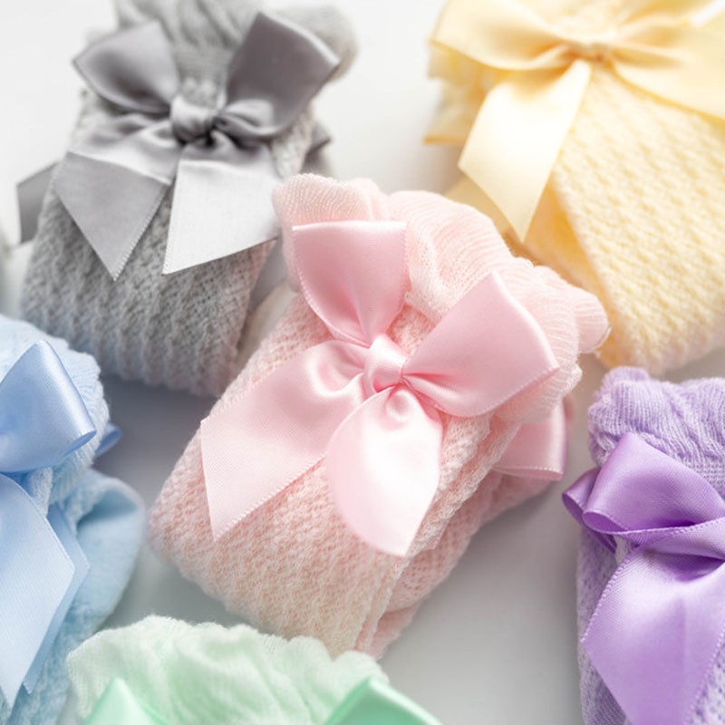 Vớ Cotton Cao Cổ Đính Nơ Chống Trượt Thoáng Khí Dành Cho Bé Gái