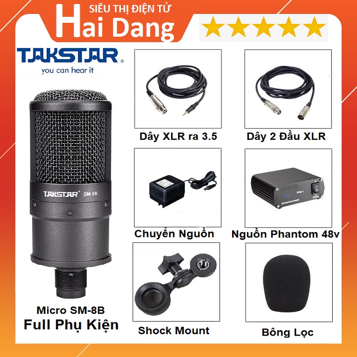 Micro Takstar SM-8B, Thu Âm Chuyên Nghiệp Tặng Dây Canon - Hát Live Stream, Nguồn Phantom 48v, Dây Đầy Đủ Theo Kèm