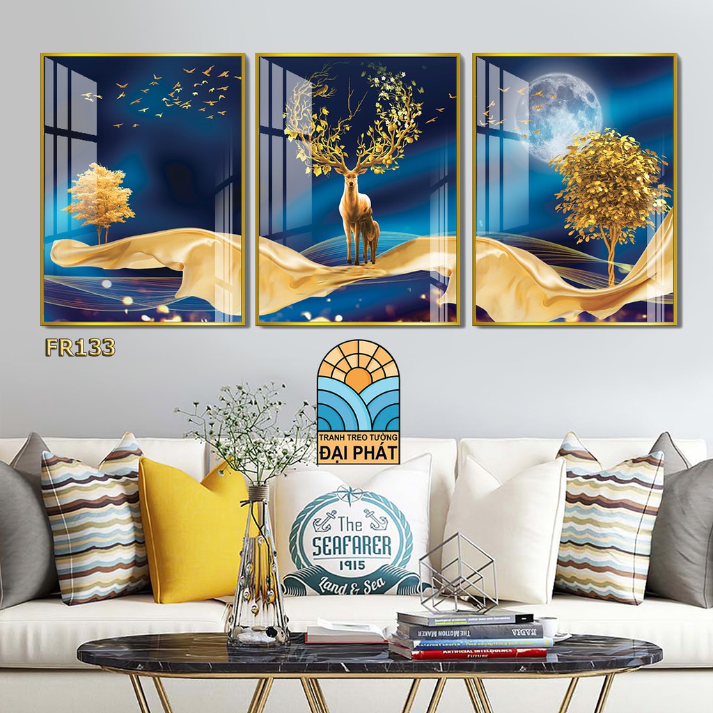 TRANH HƯƠU NỀN XANH ĐÃ TẶNG PHỤ KIỆN TREO TRANH 50X70CM